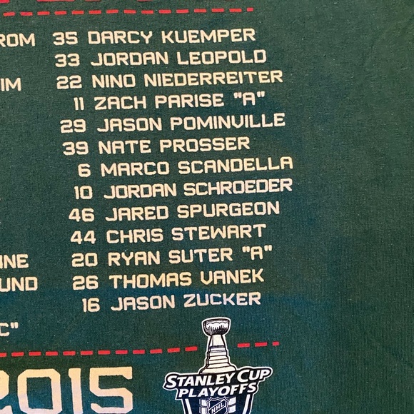 Rebook Minnesota Wild 2015 Playoff Green Tee Shirt w Player Roster / Mens Size L - Picture 6 of 8
